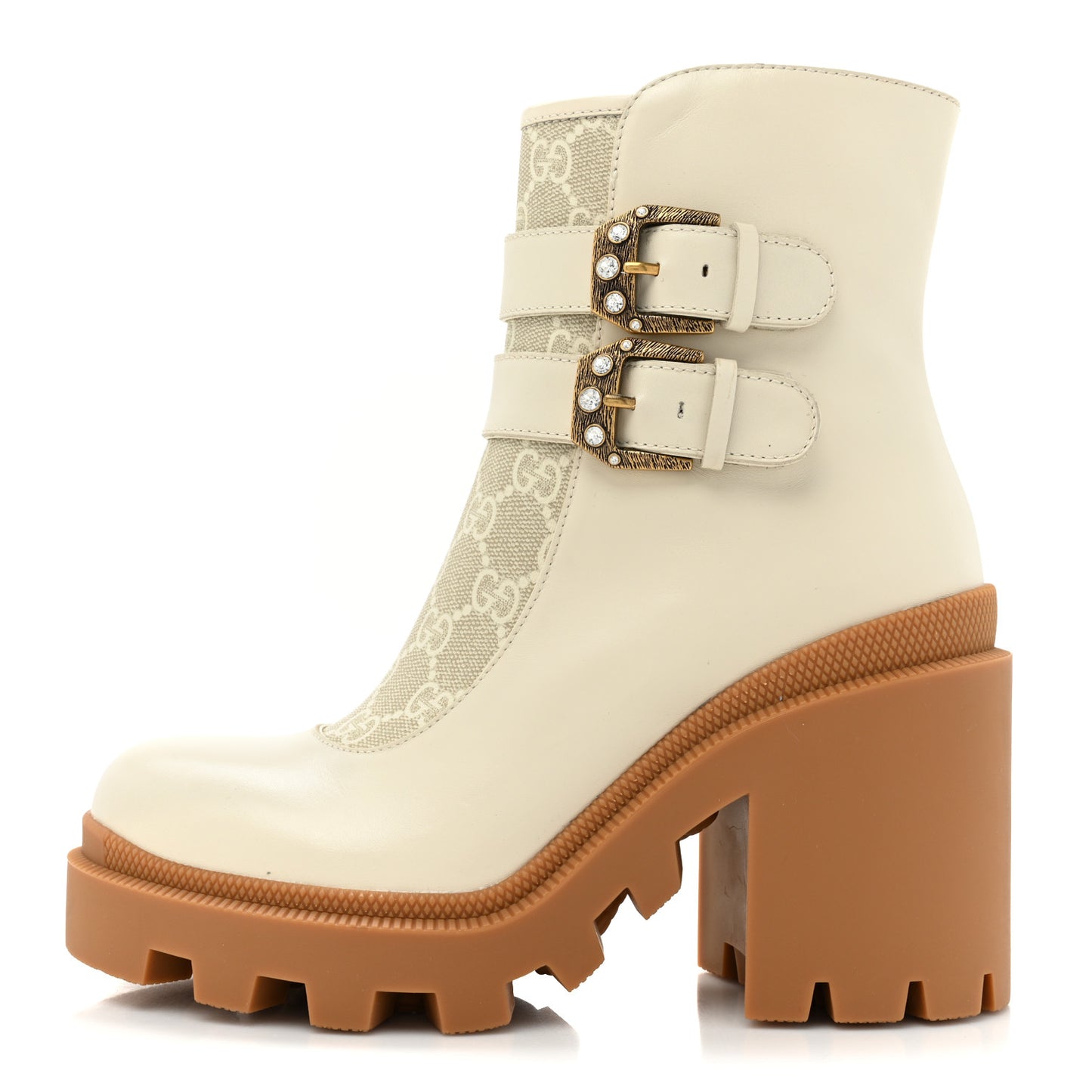 Kensington Calfskin Nappa GG Supreme Monogram Womens Double Buckle Ankle Boots 36 Mystic White Beige