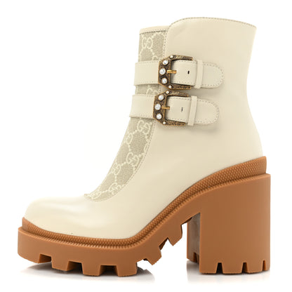 Gucci Kensington Calfskin Nappa GG Supreme Monogram Womens Double Buckle Ankle Boots 36 Mystic White Beige 1 of 10