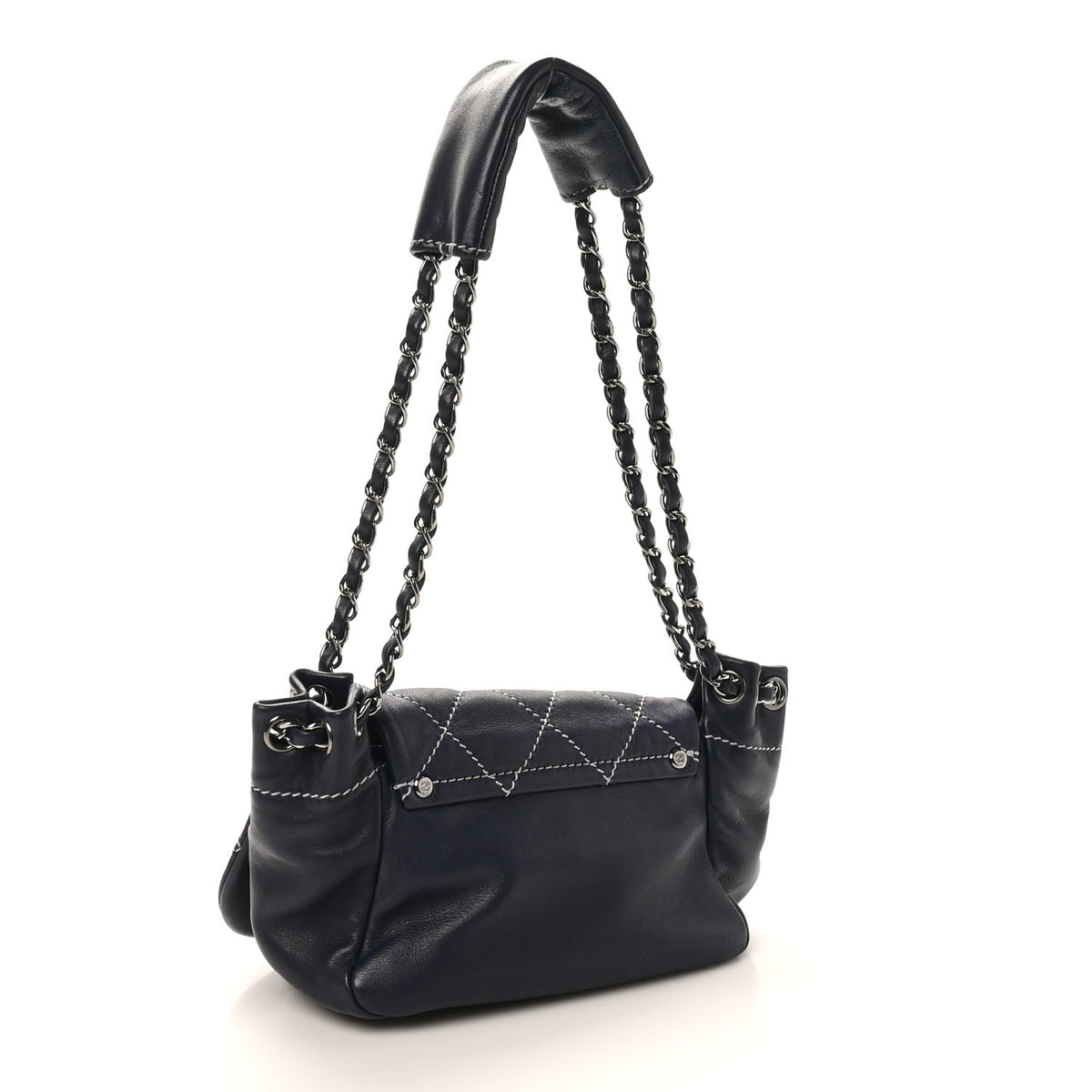 Lambskin Contrast Stitch Small Surpique Accordion Flap Navy