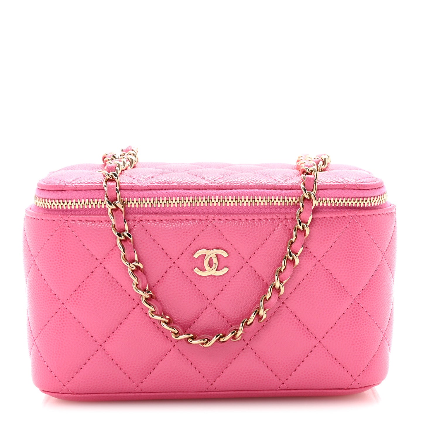 Caviar Quilted Small Vanity Case With Chain Pink