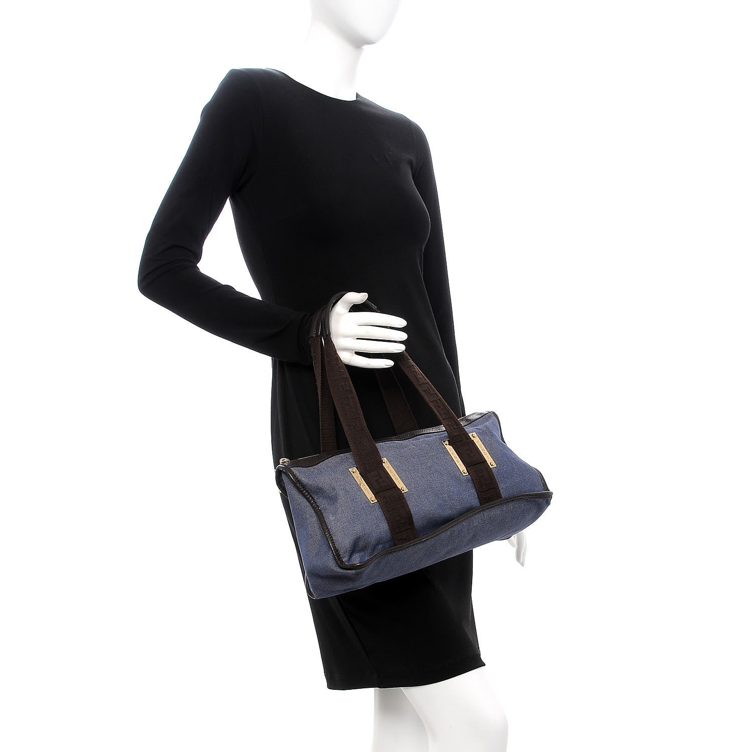 Fendi Denim Zip Top Tote Blue Brown 2 of 8