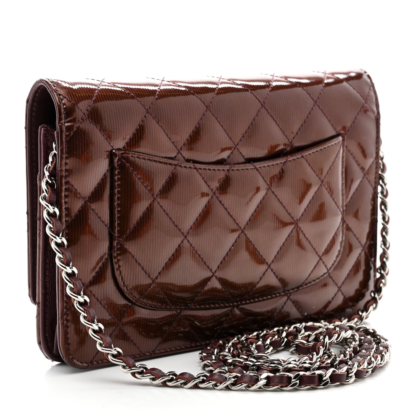 Metallic Striated Patent Quilted Wallet on Chain WOC Bronze