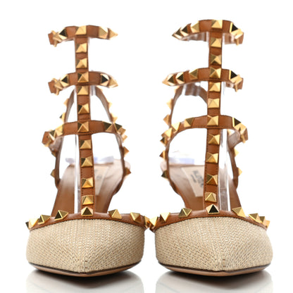 Valentino Garavani Raffia Calfskin Rockstud Ankle Strap 65mm Pumps 36.5 Natural Saddle Brown 2 of 8
