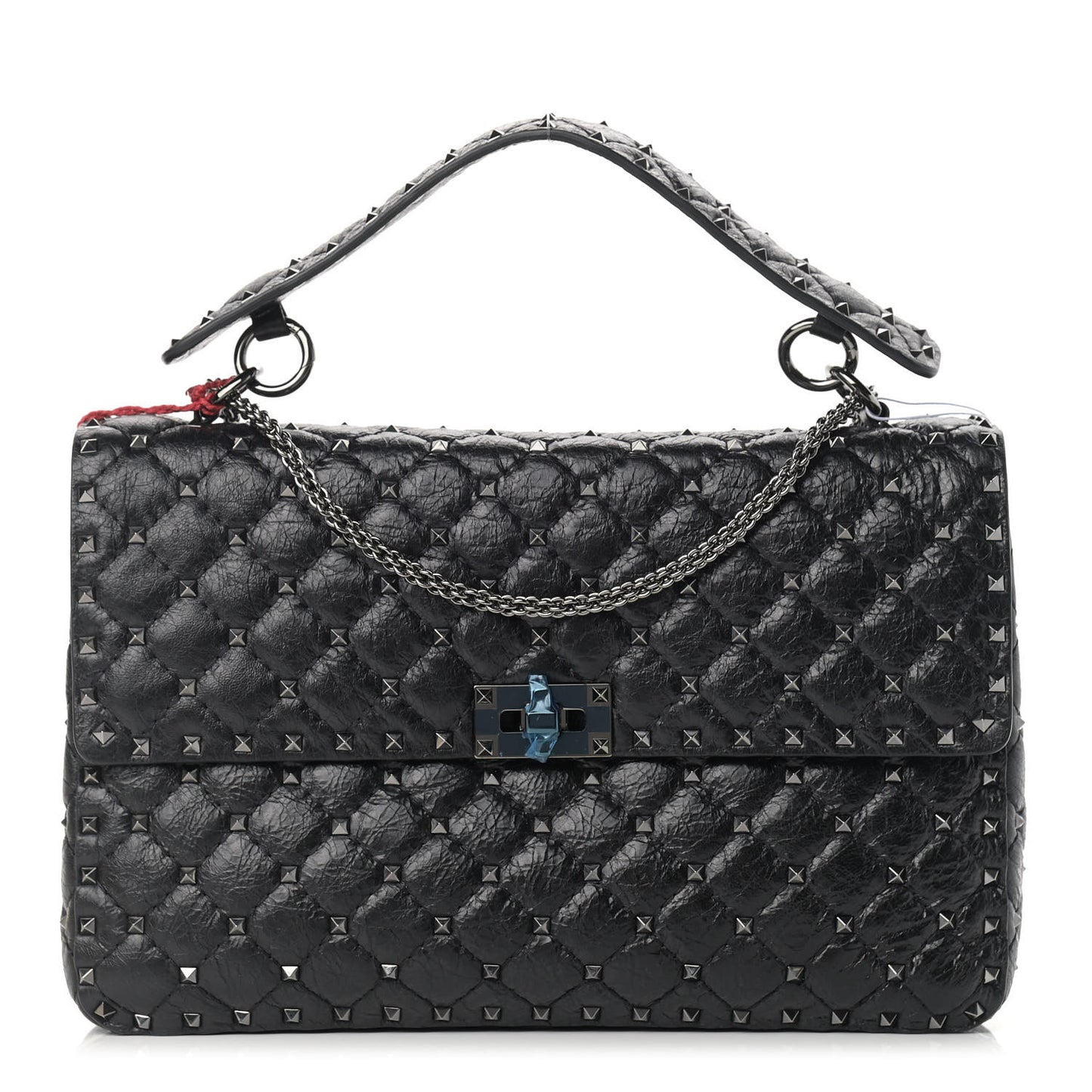 Craquele Nappa Large Rockstud Spike Shoulder Bag Black