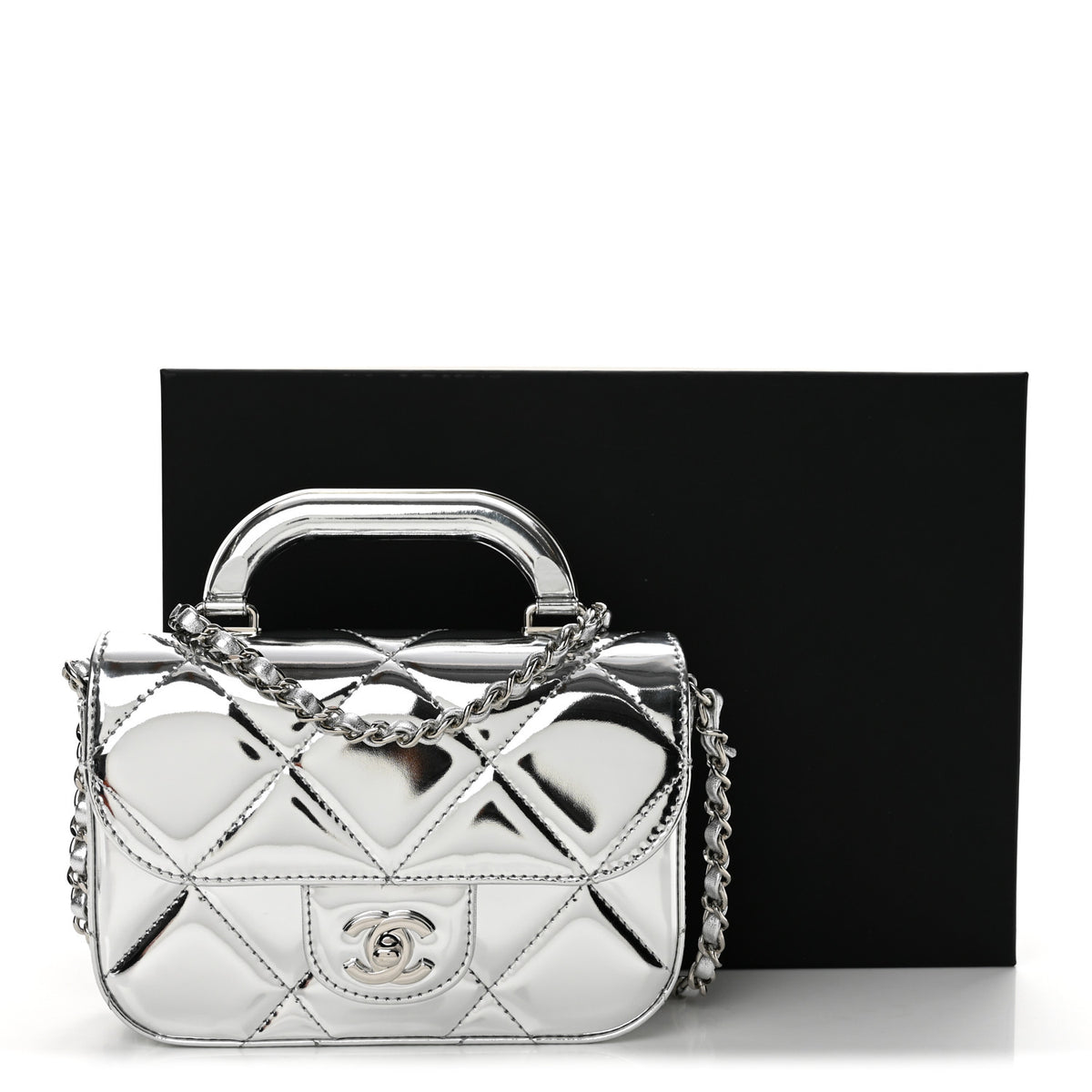 Mirror Calfskin Small Top Handle Clutch With Chain Silver