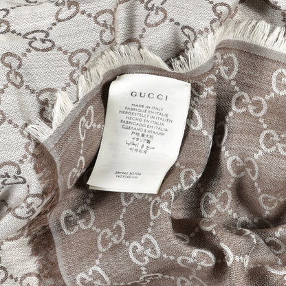 Gucci Wool Silk Monogram GGWeb Fringe Shawl Bitume Ivory 4 of 4