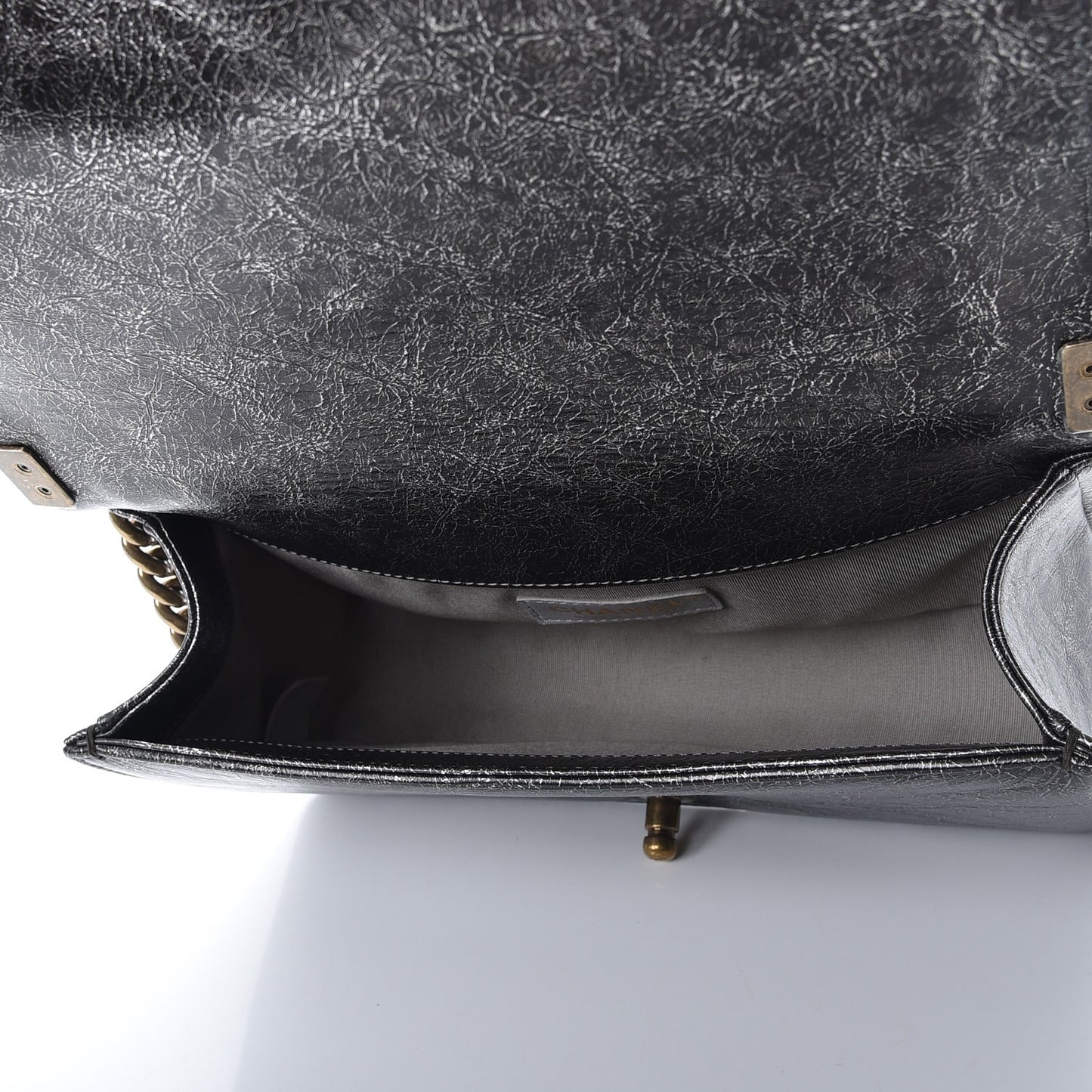 Cracked Metallic Calfskin Quilted Medium Boy Flap Dark Silver
