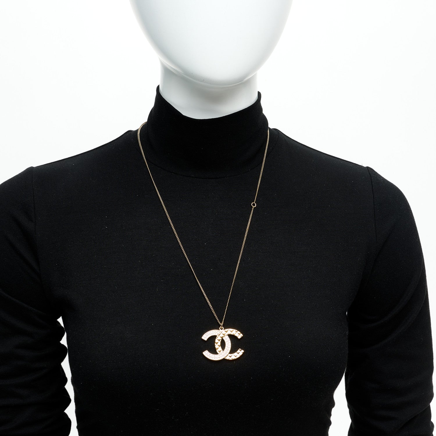 Chanel Crystal Metal Quilted CC Pendant Necklace Gold 3 of 7