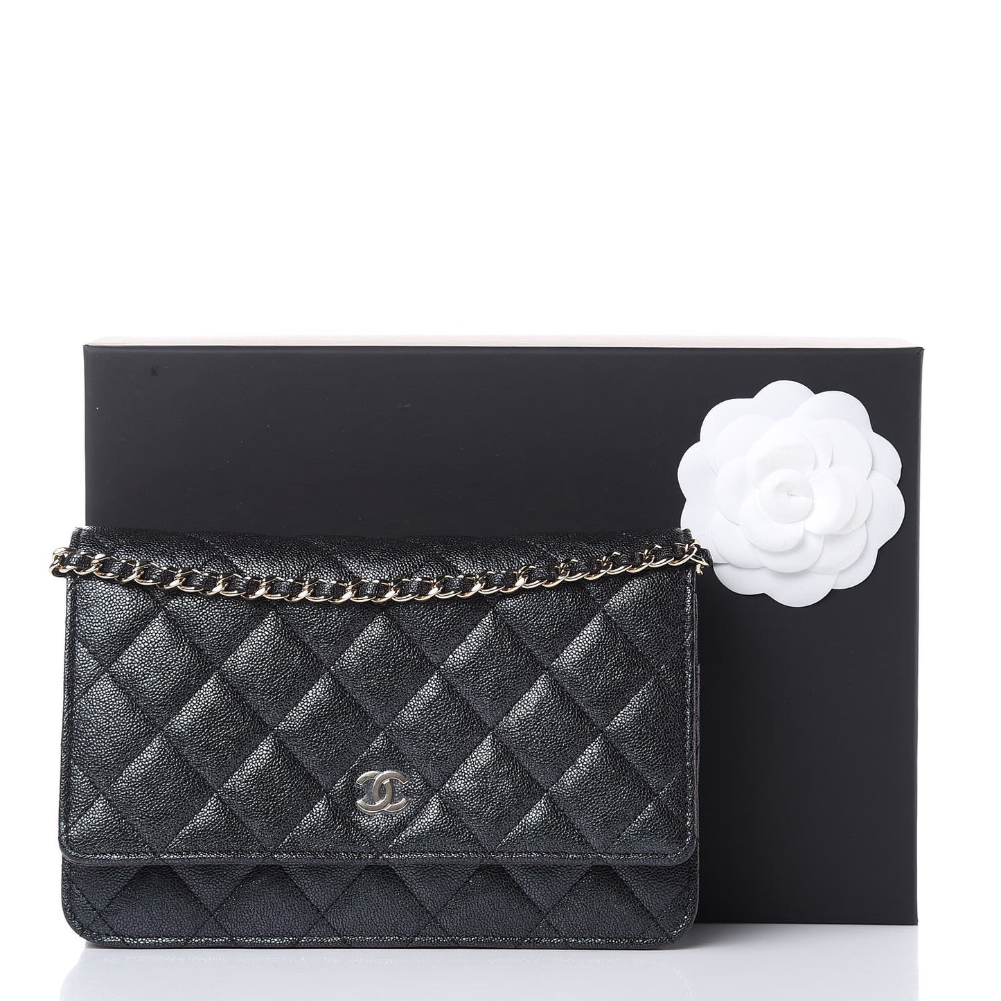 Iridescent Caviar Quilted Wallet On Chain WOC Black