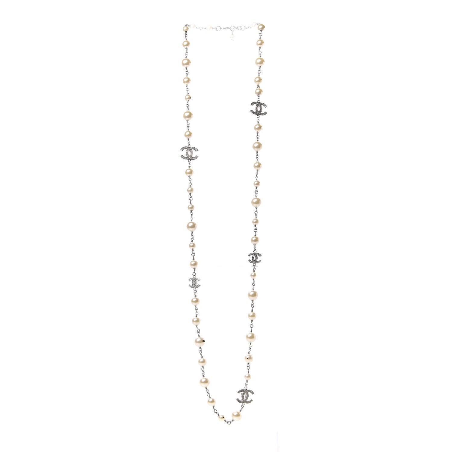 Chanel Crystal Pearl CC Long Necklace Silver 3 of 8