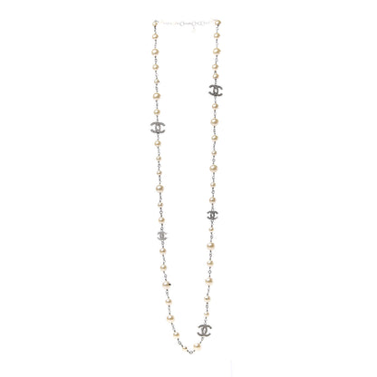 Chanel Crystal Pearl CC Long Necklace Silver 3 of 8