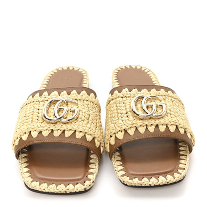 Gucci Raffia Interlocking G Flat Slide Sandals 37.5 Bright Natural Sundial 3 of 9