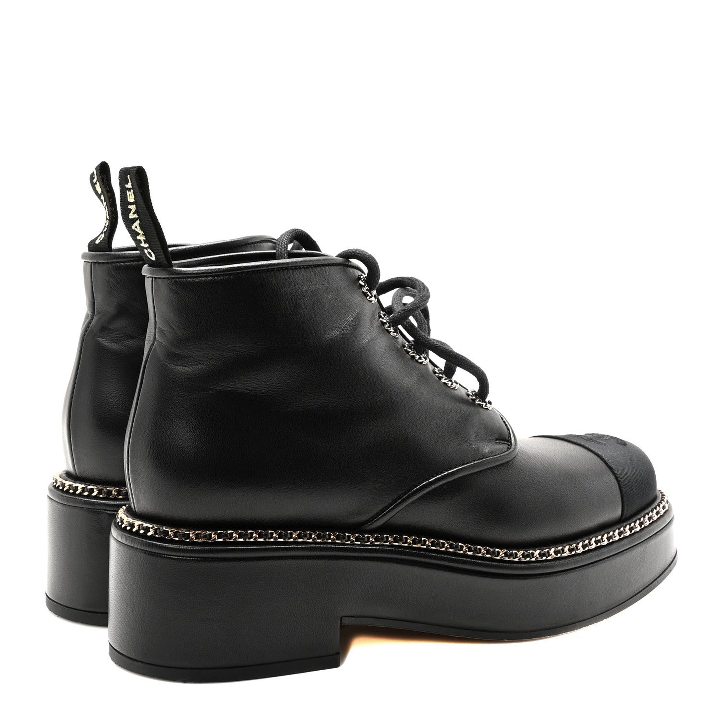 Calfskin Grosgrain Chain Lace Up CC Short Boots 40 Black