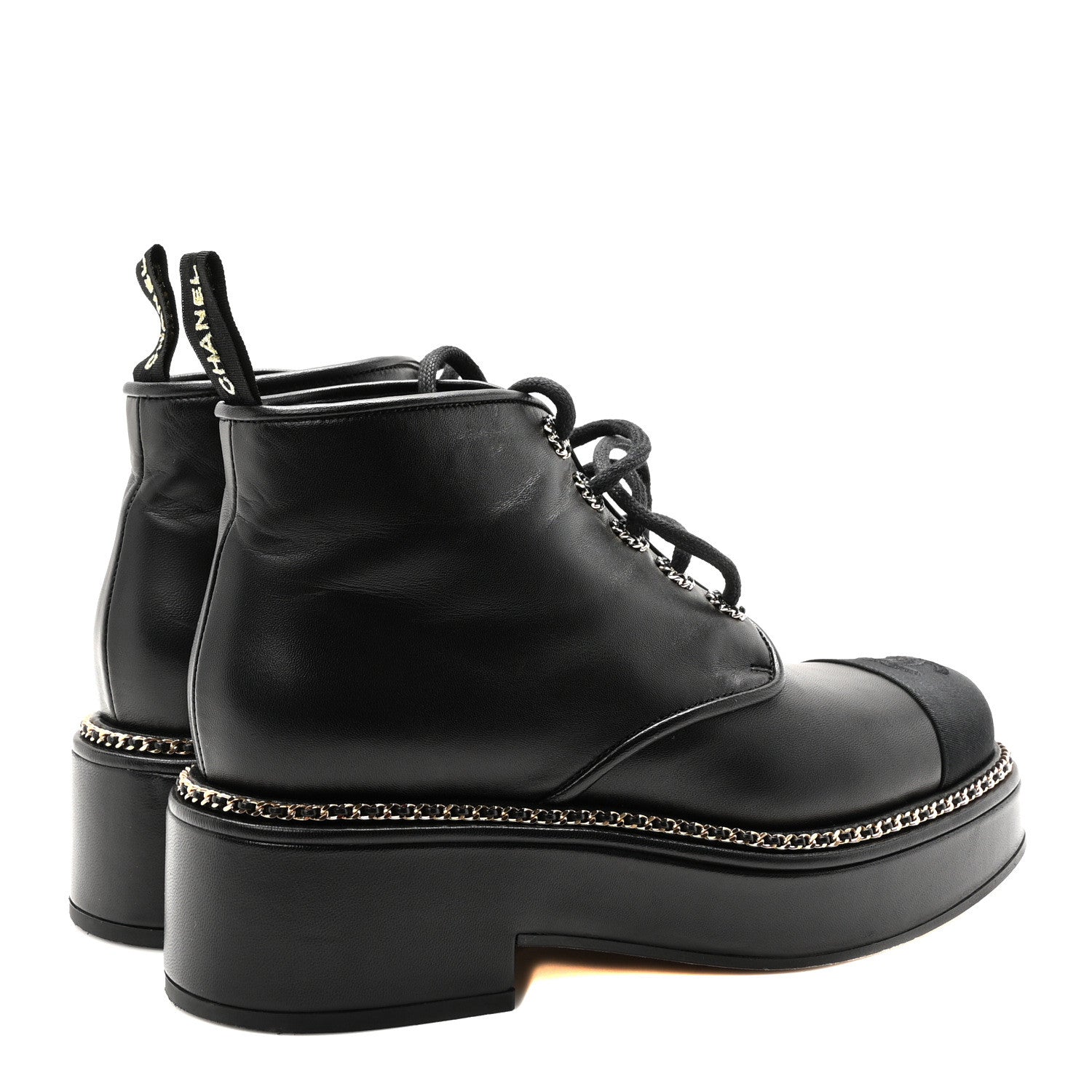 Chanel Calfskin Grosgrain Chain Lace Up CC Short Boots 40 Black 5 of 9