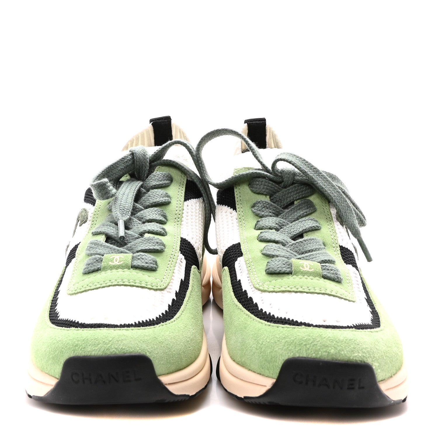 Chanel Knit Suede Fabric Womens CC Sneakers 40 Green Dark Green White Black 3 of 8
