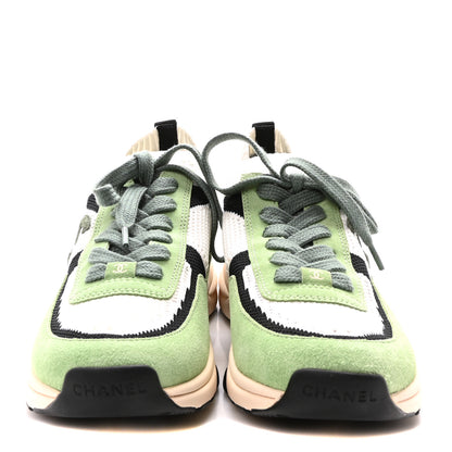 Chanel Knit Suede Fabric Womens CC Sneakers 40 Green Dark Green White Black 3 of 8