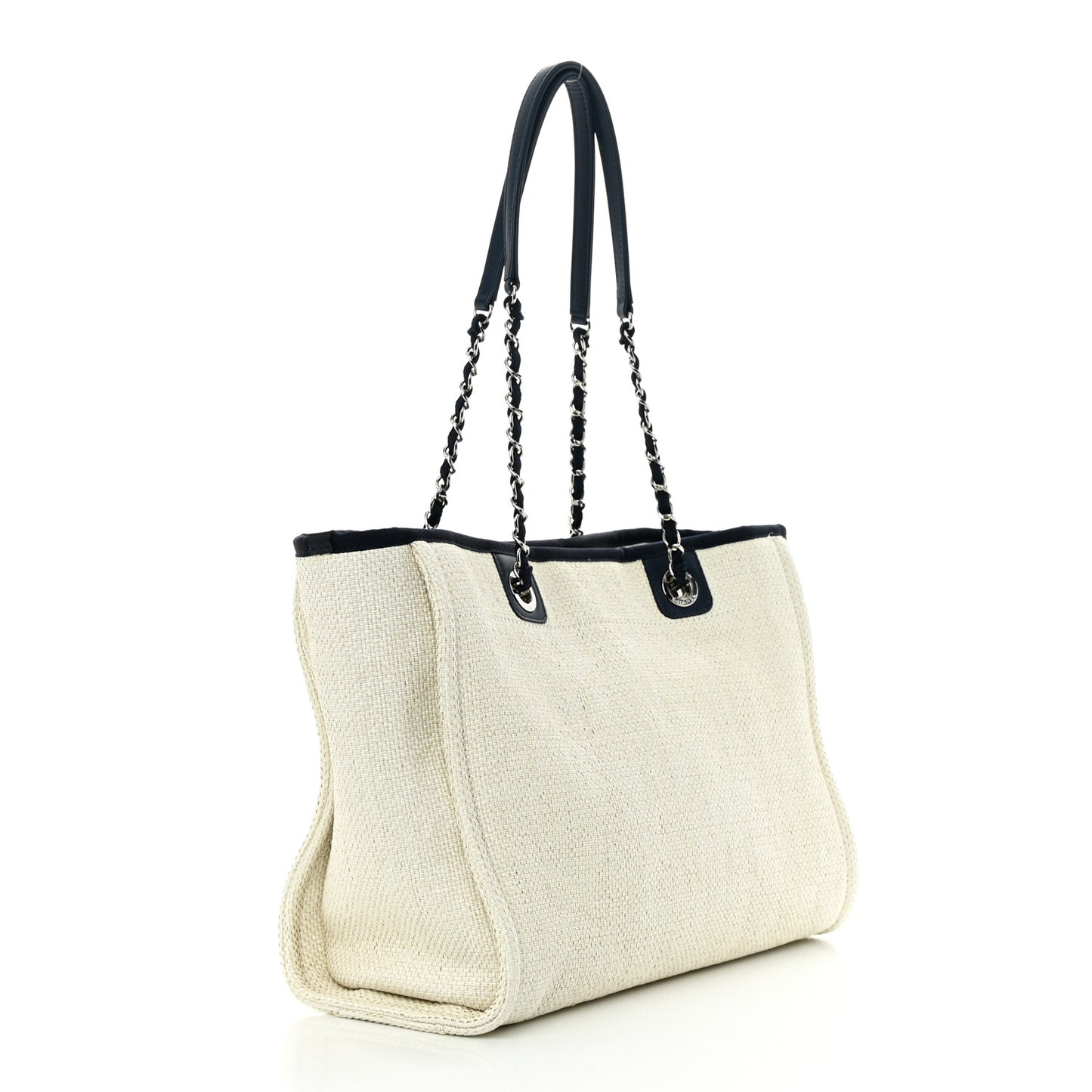 Woven Straw Raffia Small Deauville Tote White Navy