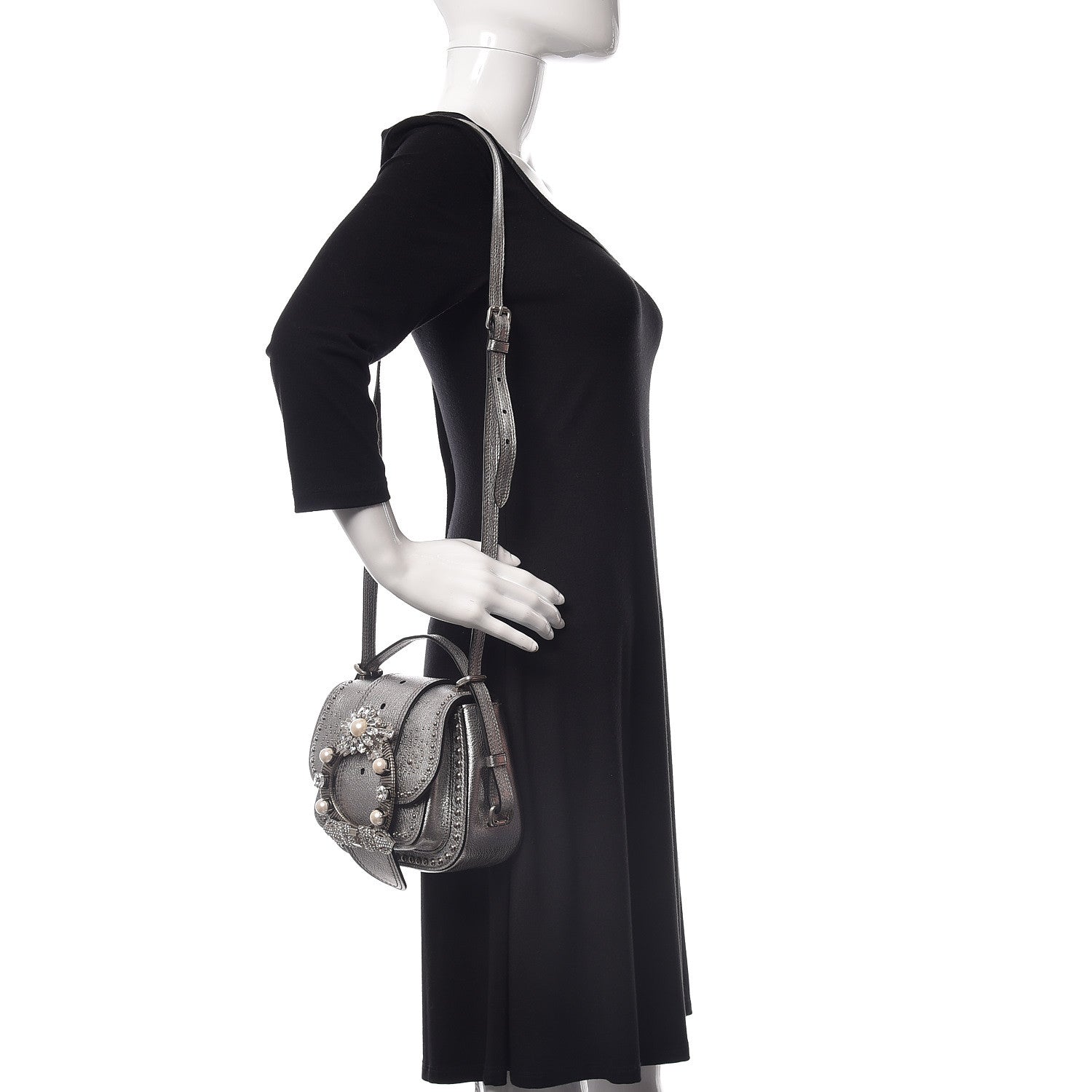 Miu Miu Goatskin Madras Soft Calfskin Crystal Embellished Dahlia Shoulder Bag Chrome 2 of 16