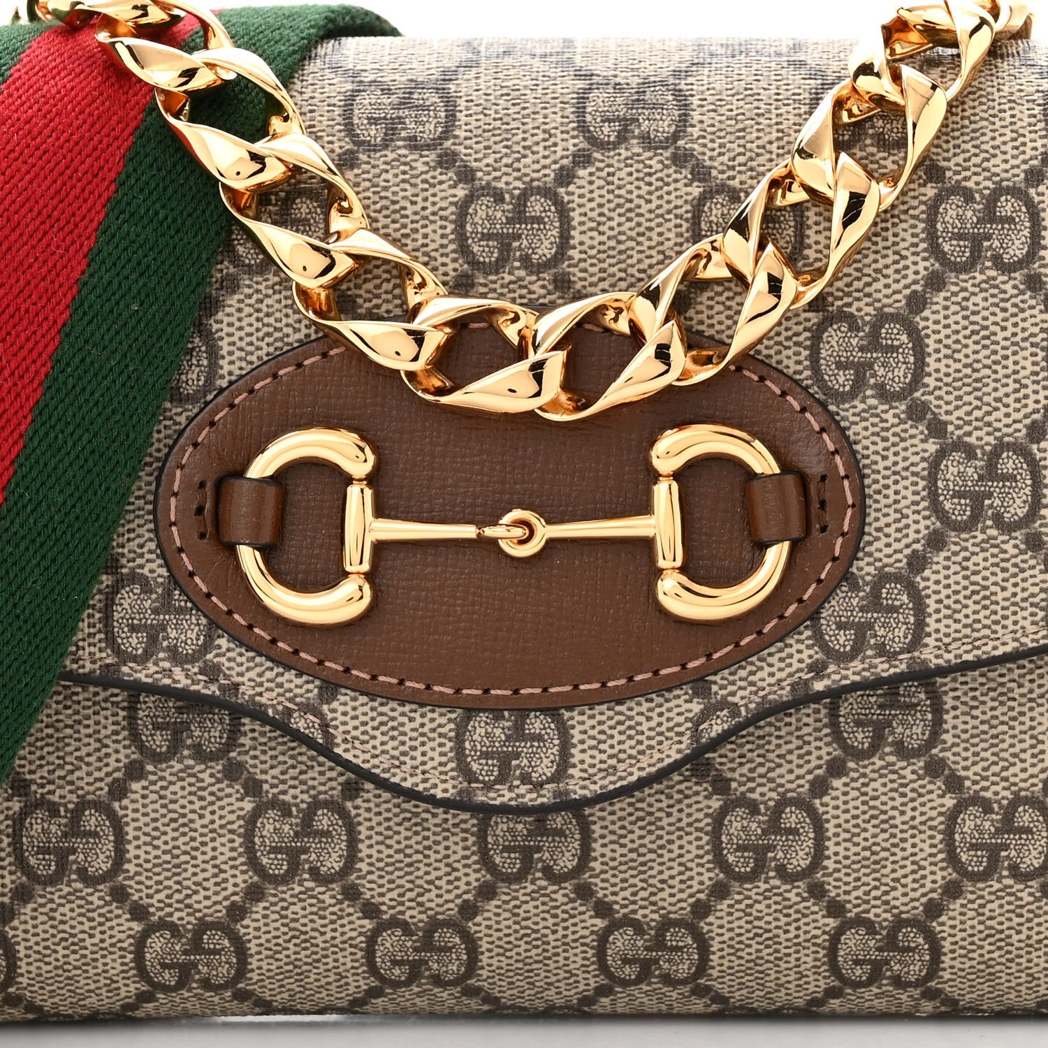 Gucci GG Supreme Monogram Azalea Calfskin Web Mini Horsebit 1955 Chain Shoulder Bag Beige Ebony Brown Sugar 7 of 9