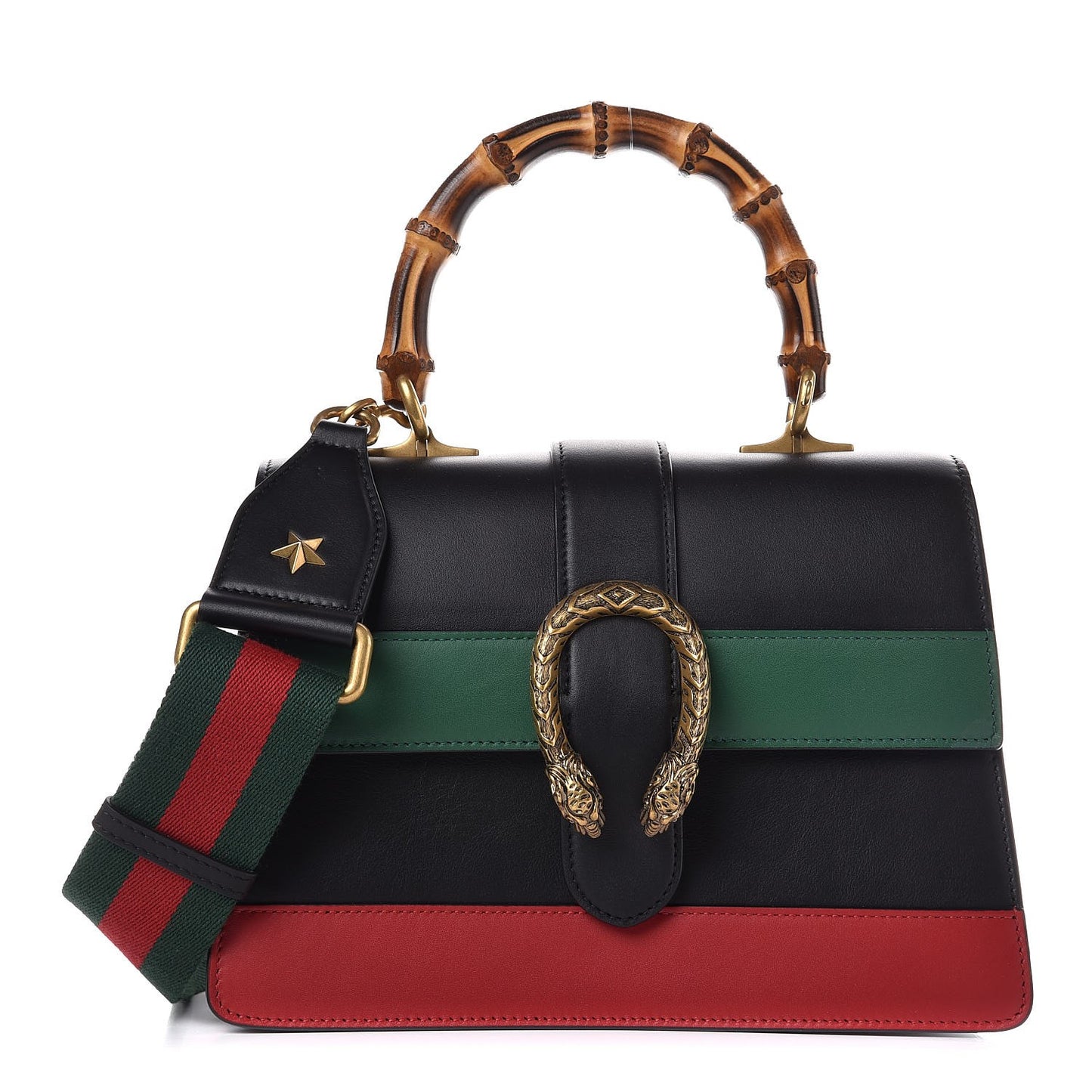 Moon Calfskin Web Medium Dionysus Bamboo Top Handle Bag Black Bright Evergreen Hibiscus Red