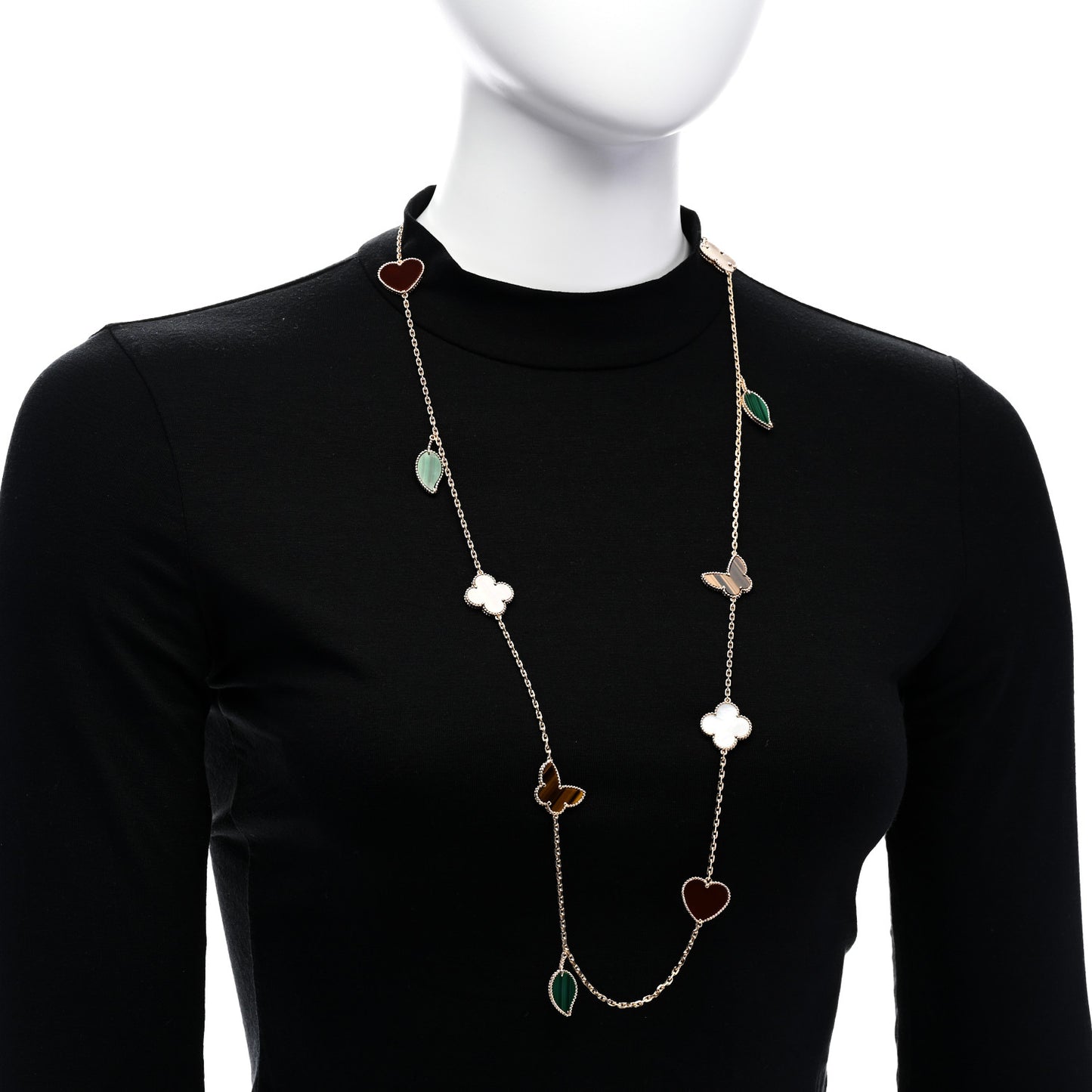 18K Yellow Gold Mother of Pearl Malachite Carnelian Tiger Eye 12 Motif Lucky Alhambra Necklace
