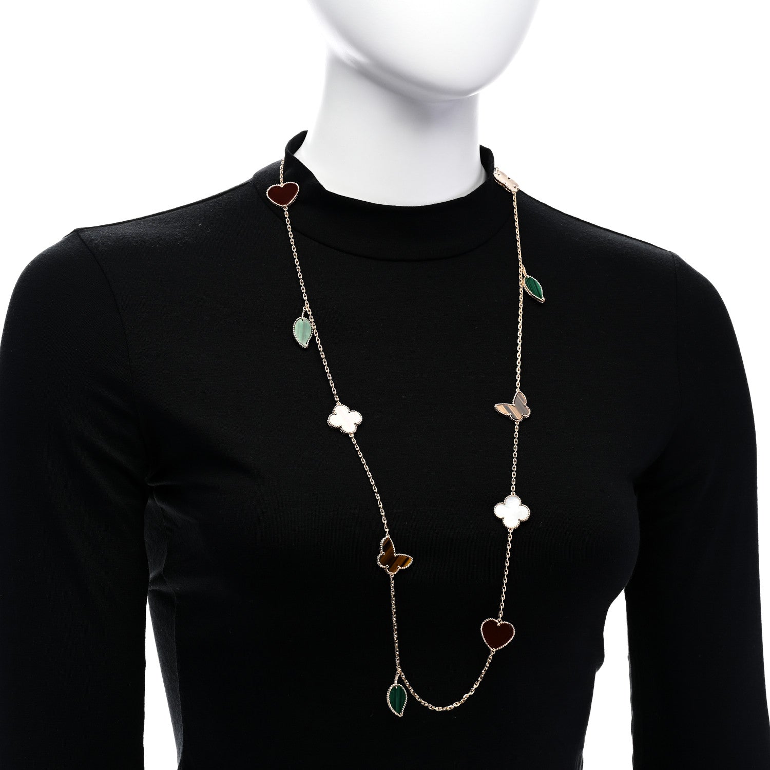 Van Cleef & Arpels 18K Yellow Gold Mother of Pearl Malachite Carnelian Tiger Eye 12 Motif Lucky Alhambra Necklace 2 of 5