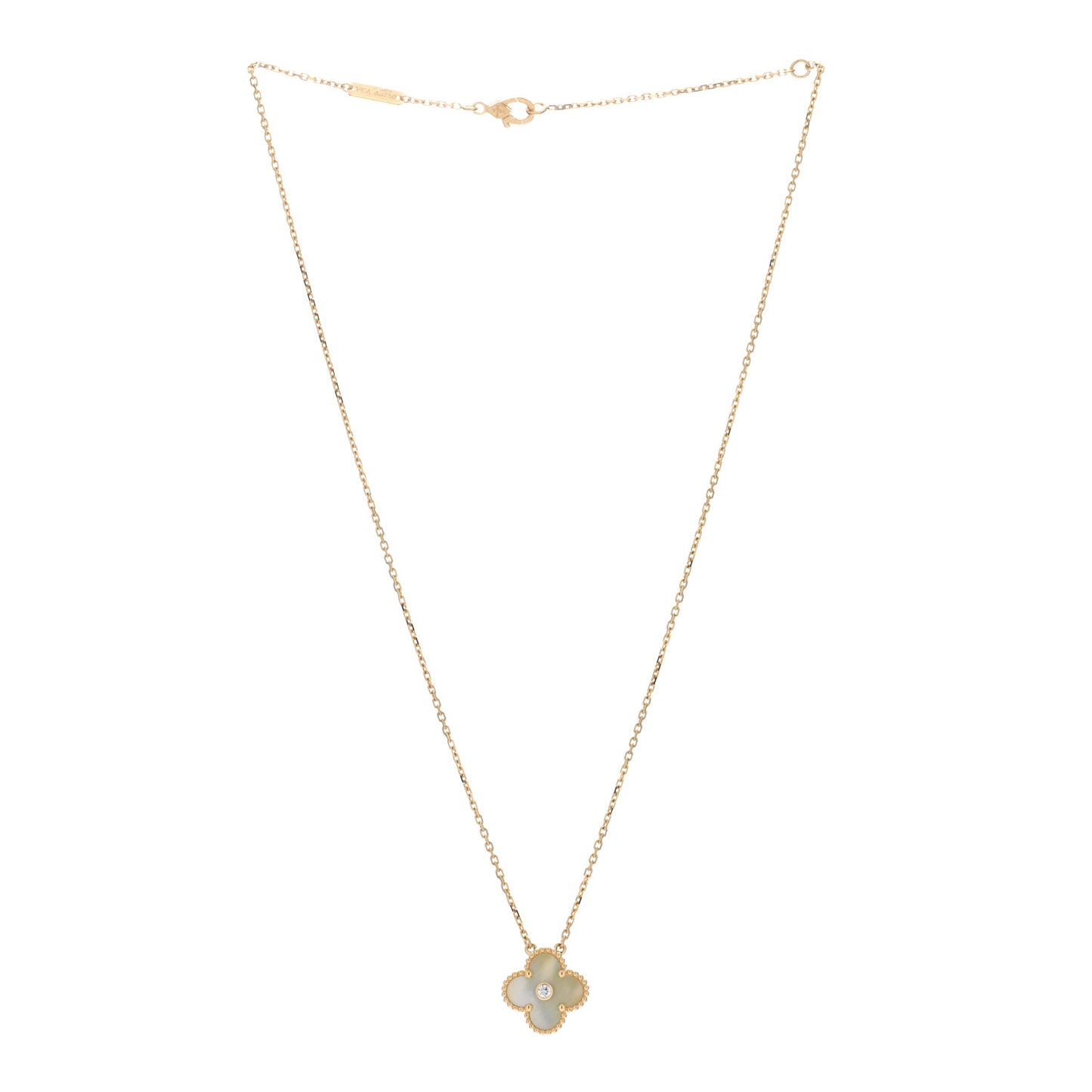 18K Yellow Gold Diamond Yellow Mother of Pearl Vintage Alhambra Pendant Necklace