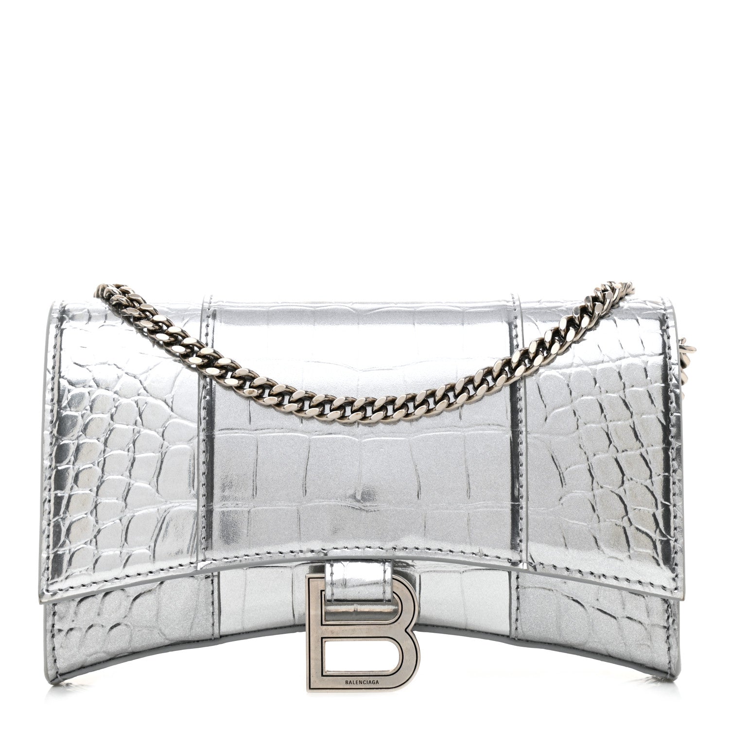 Balenciaga Metallic Calfskin Crocodile Embossed Hourglass Chain Bag Silver 1 of 7