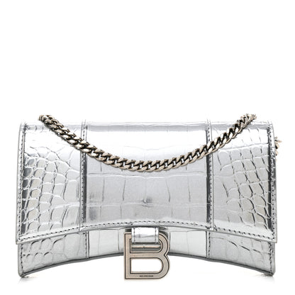 Balenciaga Metallic Calfskin Crocodile Embossed Hourglass Chain Bag Silver 1 of 7