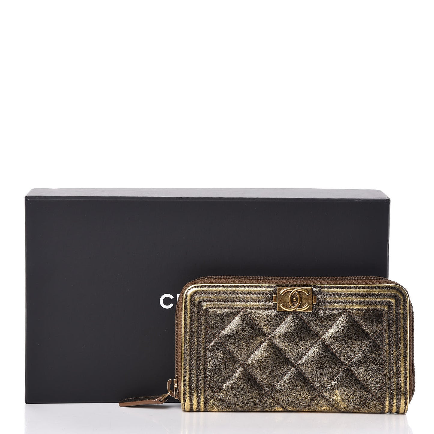 Cracked Metallic Calfskin Quilted Small Boy Zip Around Wallet Gold