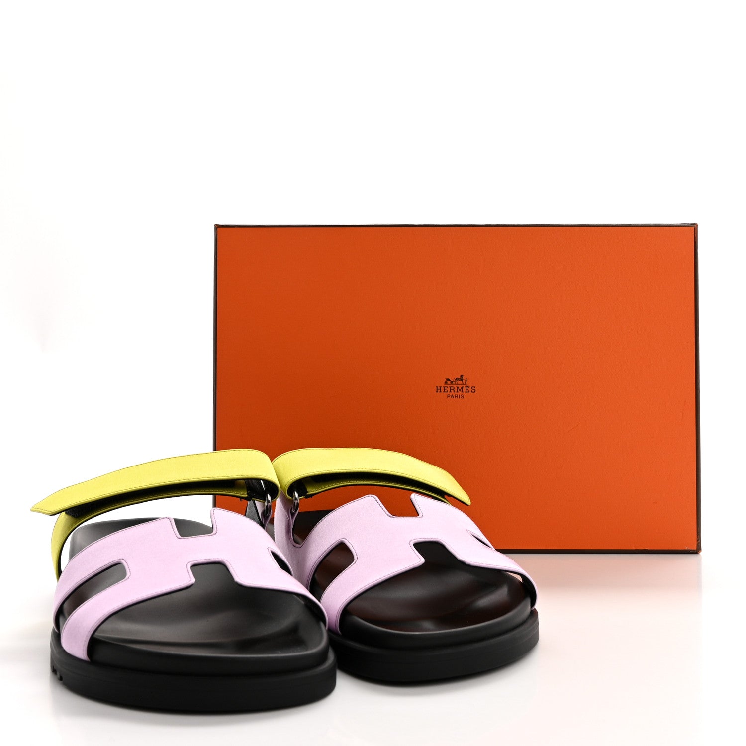 Hermes Satin Womens Chypre Sandals 38 Violet Petale Vert lime 9 of 9