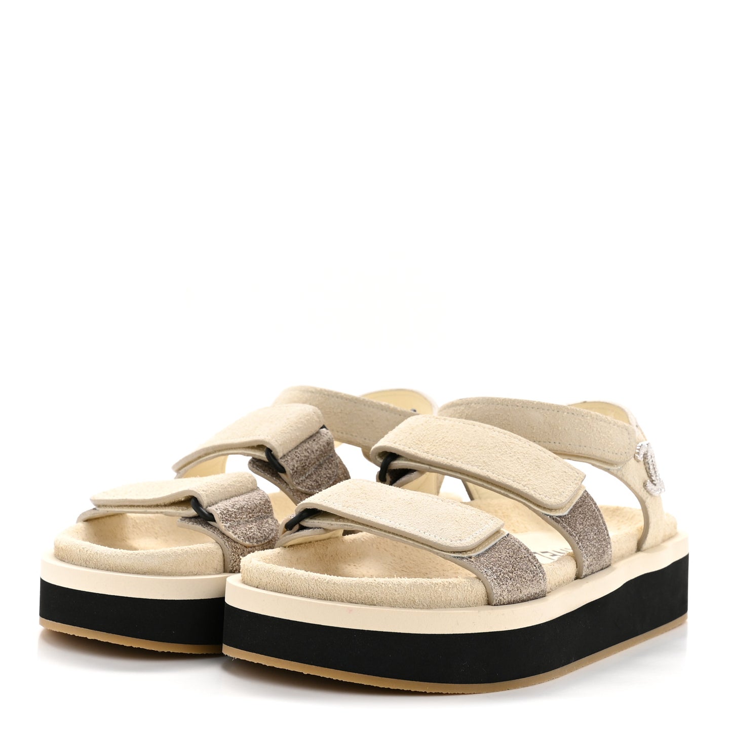 Suede Calfskin Velcro Flat Sandals 36 Ecru Dark Beige