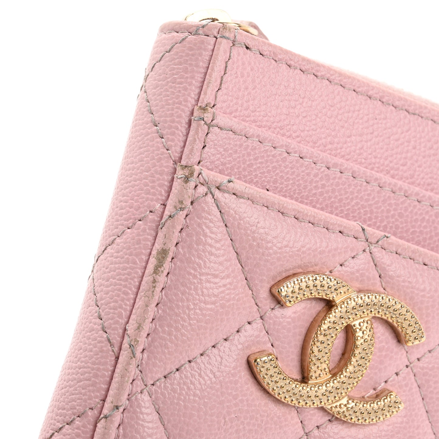 Caviar Quilted Studded CC Zip Card Holder Pink