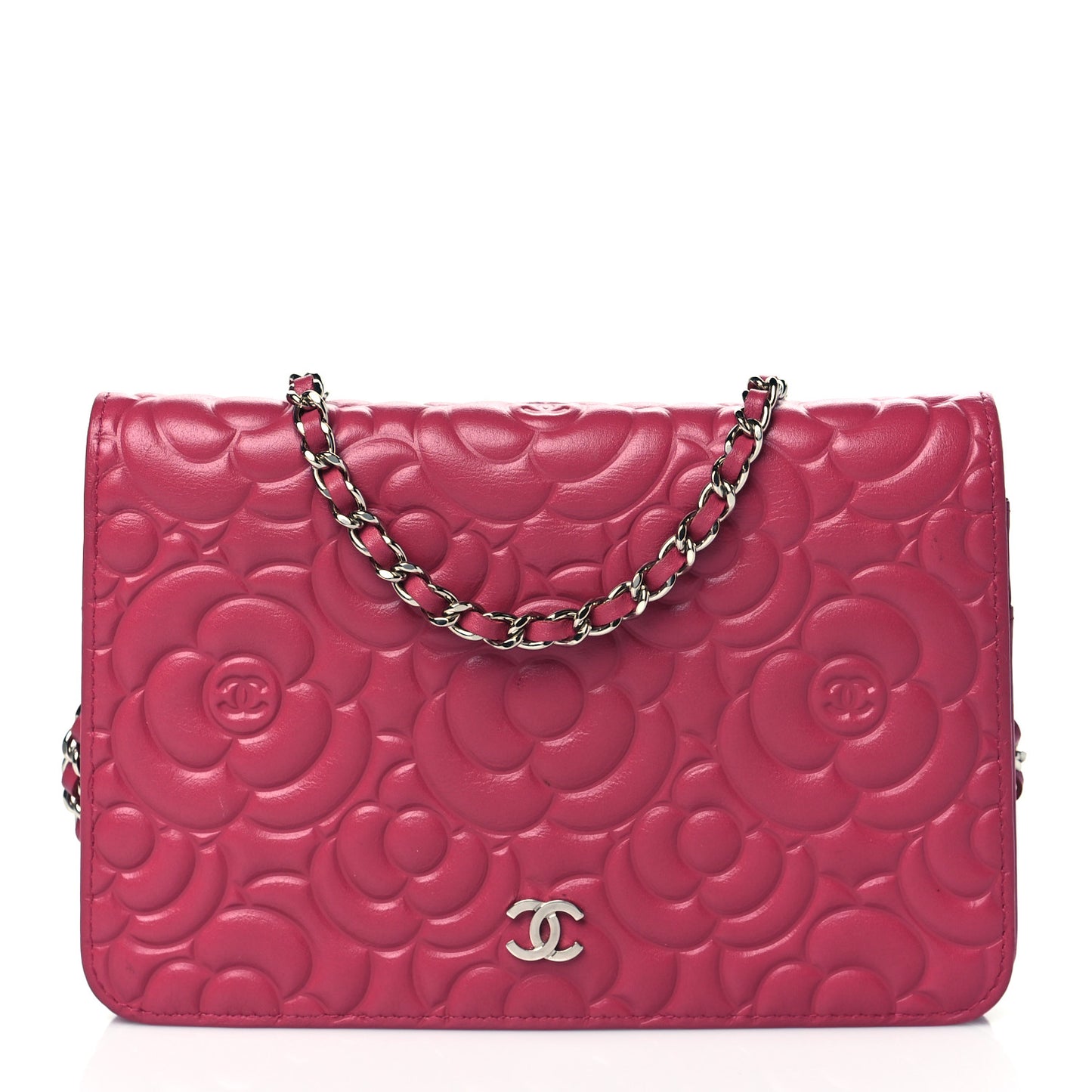 Lambskin Camellia Embossed Wallet On Chain WOC Fuchsia