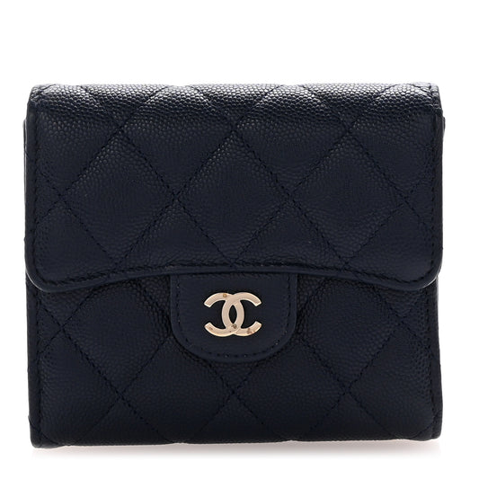Caviar Quilted Compact Flap Wallet Navy