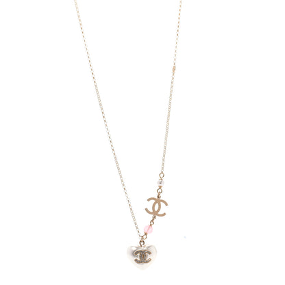 Chanel Resin Crystal CC Heart Necklace Pearly White Gold 1 of 5
