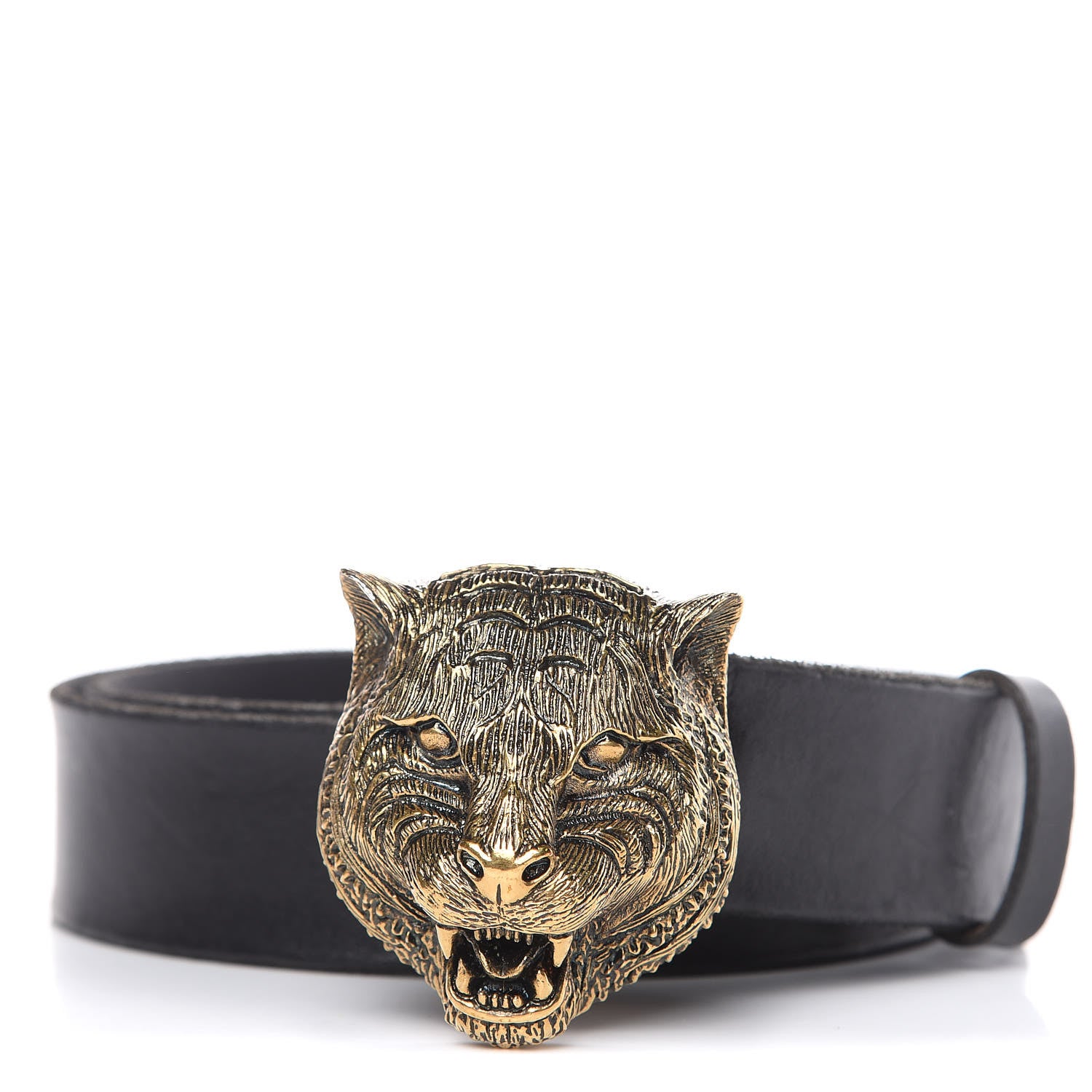Gucci Calfskin Brass Feline Buckle Belt 85 34 Black 1 of 8