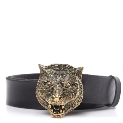 Gucci Calfskin Brass Feline Buckle Belt 85 34 Black 1 of 8