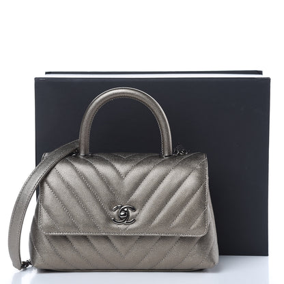 Chanel Metallic Caviar Chevron Quilted Mini Coco Handle Flap Light Gold 10 of 10