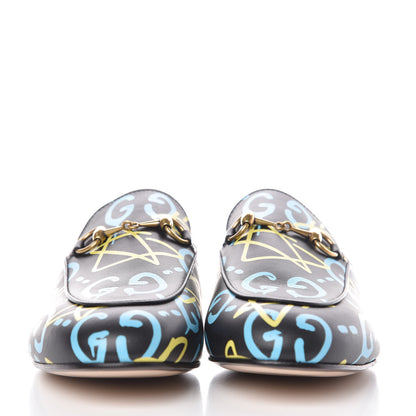 Gucci Calfskin GucciGhost Print Womens Princetown Slippers 37.5 Black New Acquamarine 2 of 8