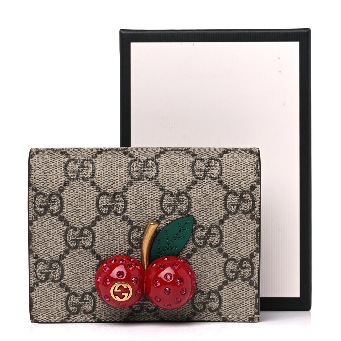 GG Supreme Monogram Cherry Embellished Card Case Wallet Hibiscus Red