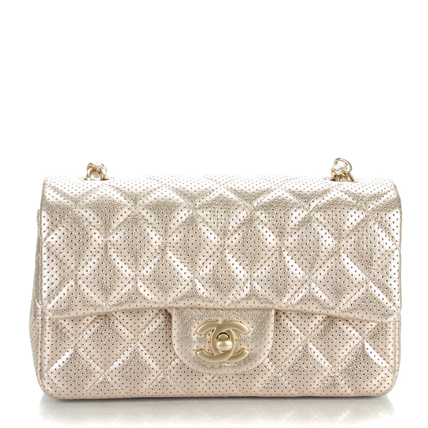 Chanel Metallic Lambskin Perforated Mini Rectangular Flap Light Gold 1 of 8