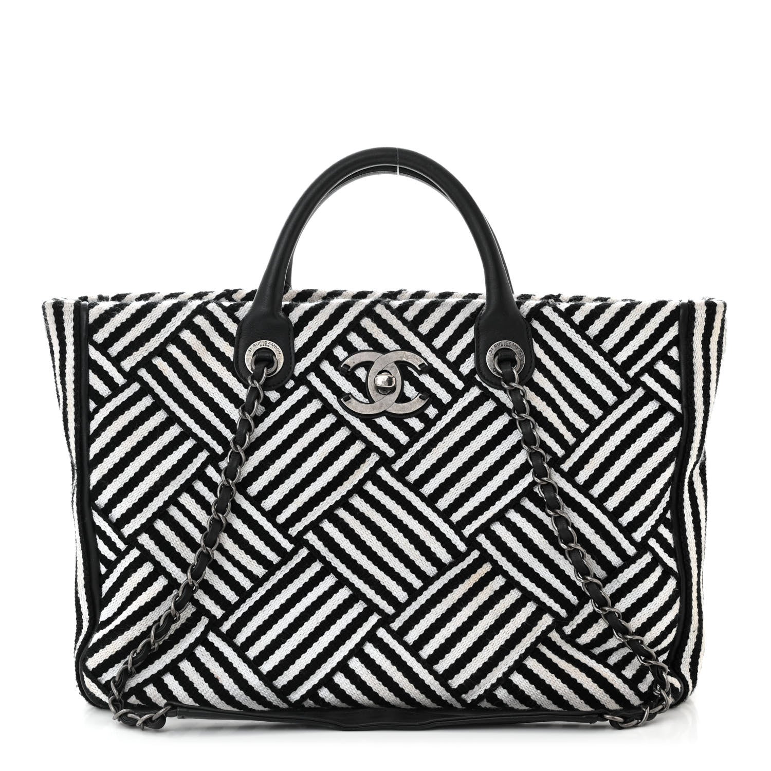 Chanel Woven Canvas Large Easy Shopping Tote Black White 1 of 12