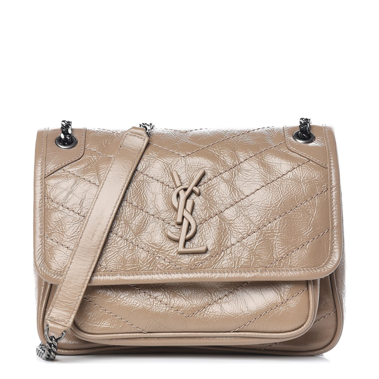 Crinkled Calfskin Matelasse Monogram Baby Niki Chain Satchel Light Taupe