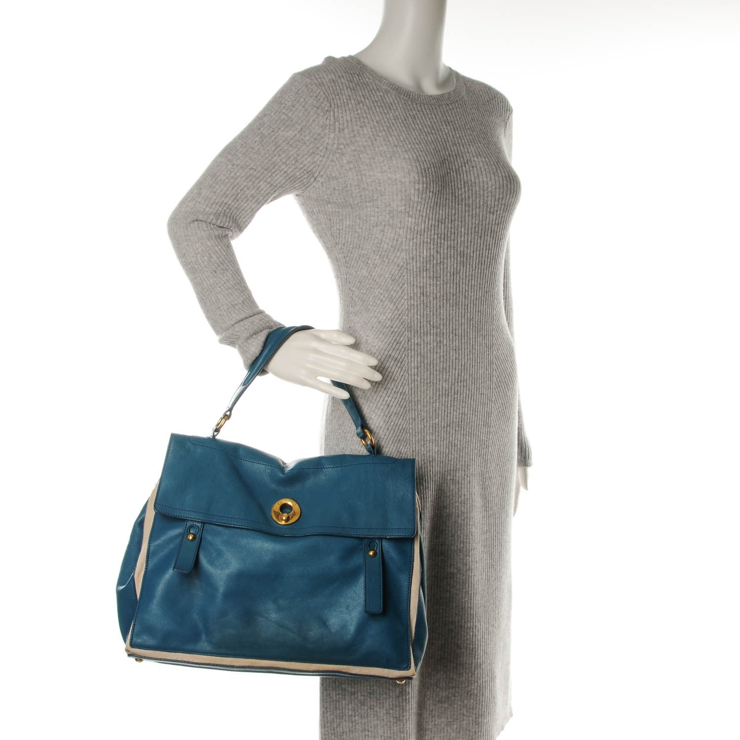 Saint Laurent Calfskin Canvas Medium Muse Two Turquoise 2 of 8