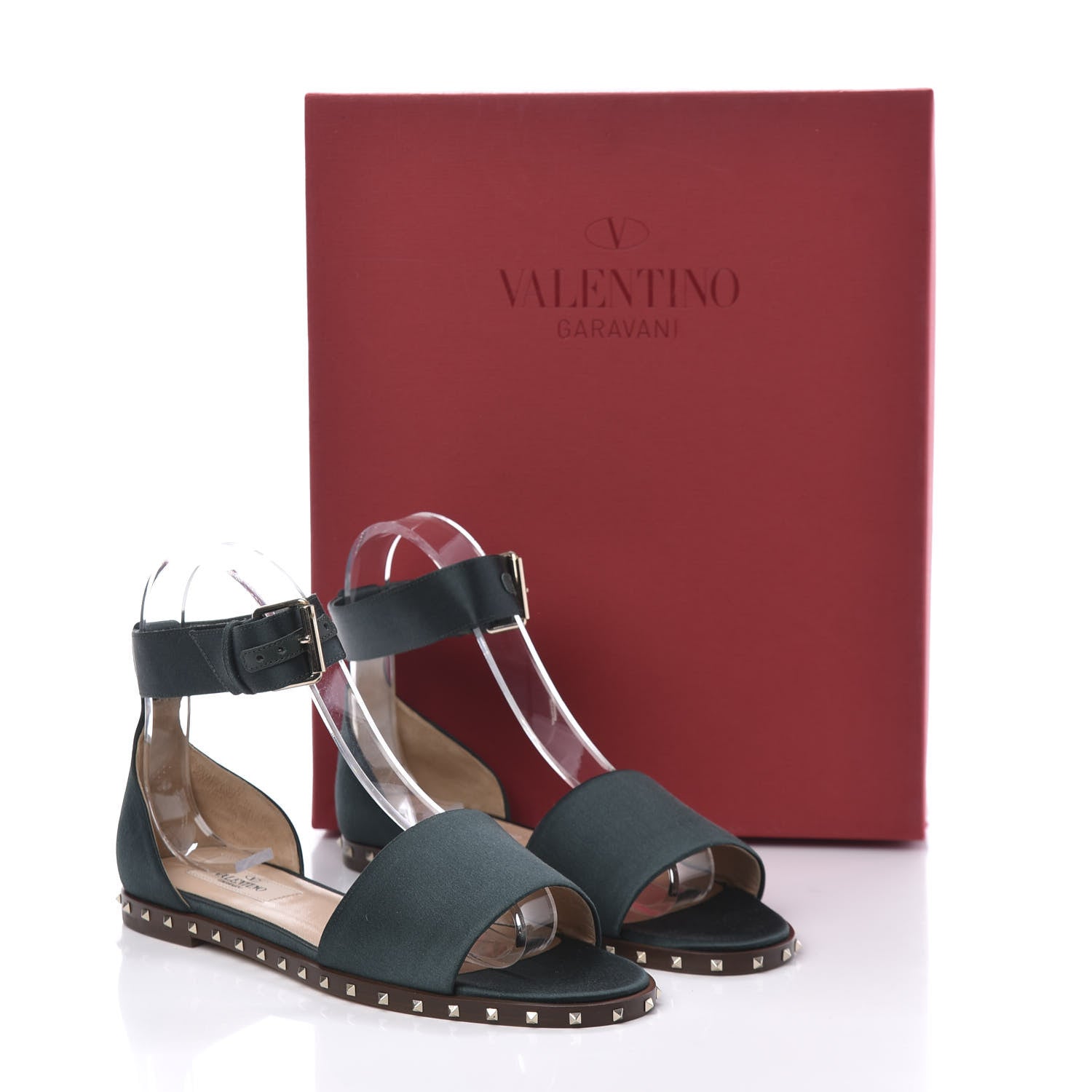 Valentino Garavani Satin Soul Rockstud Ankle Strap Flat Sandals 36 Green 9 of 9