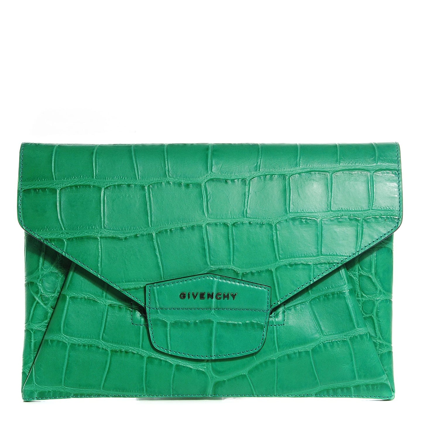Calfskin Crocodile Embossed Medium Antigona Envelope Clutch Emerald