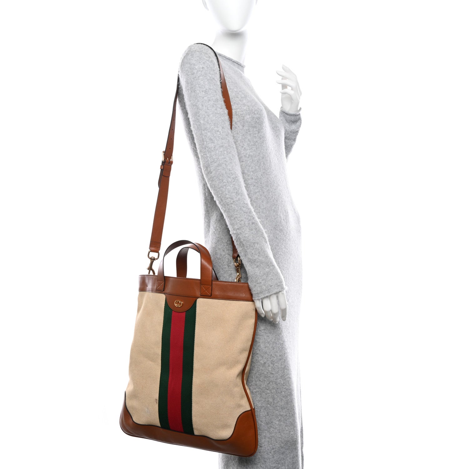 Gucci Vintage Canvas Calfskin Web Flat Tote Sand Light Cuir 2 of 11