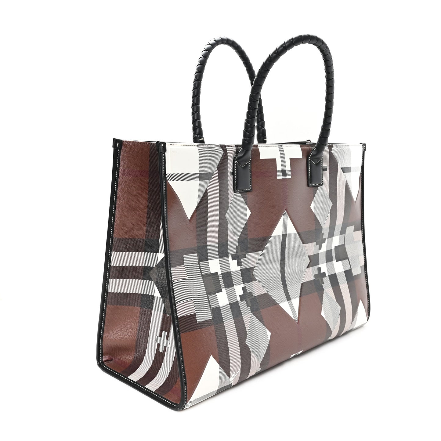 E-Canvas Calfskin Geometric Check Tote Hand Bag Brown White Black
