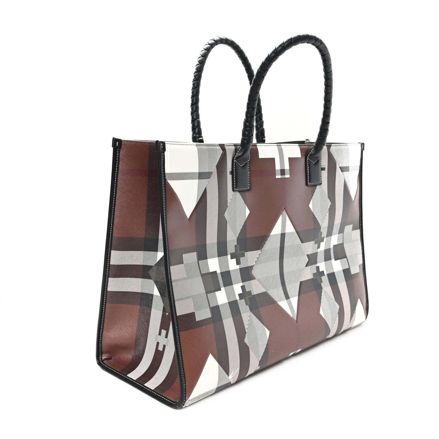 Burberry E-Canvas Calfskin Geometric Check Tote Hand Bag Brown White Black 3 of 10